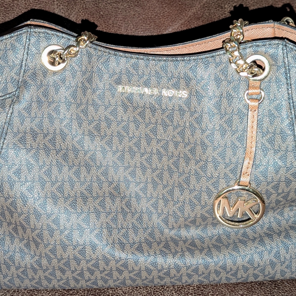 Michael Kors Blue and Tan Shoulder Bag with Signature Style